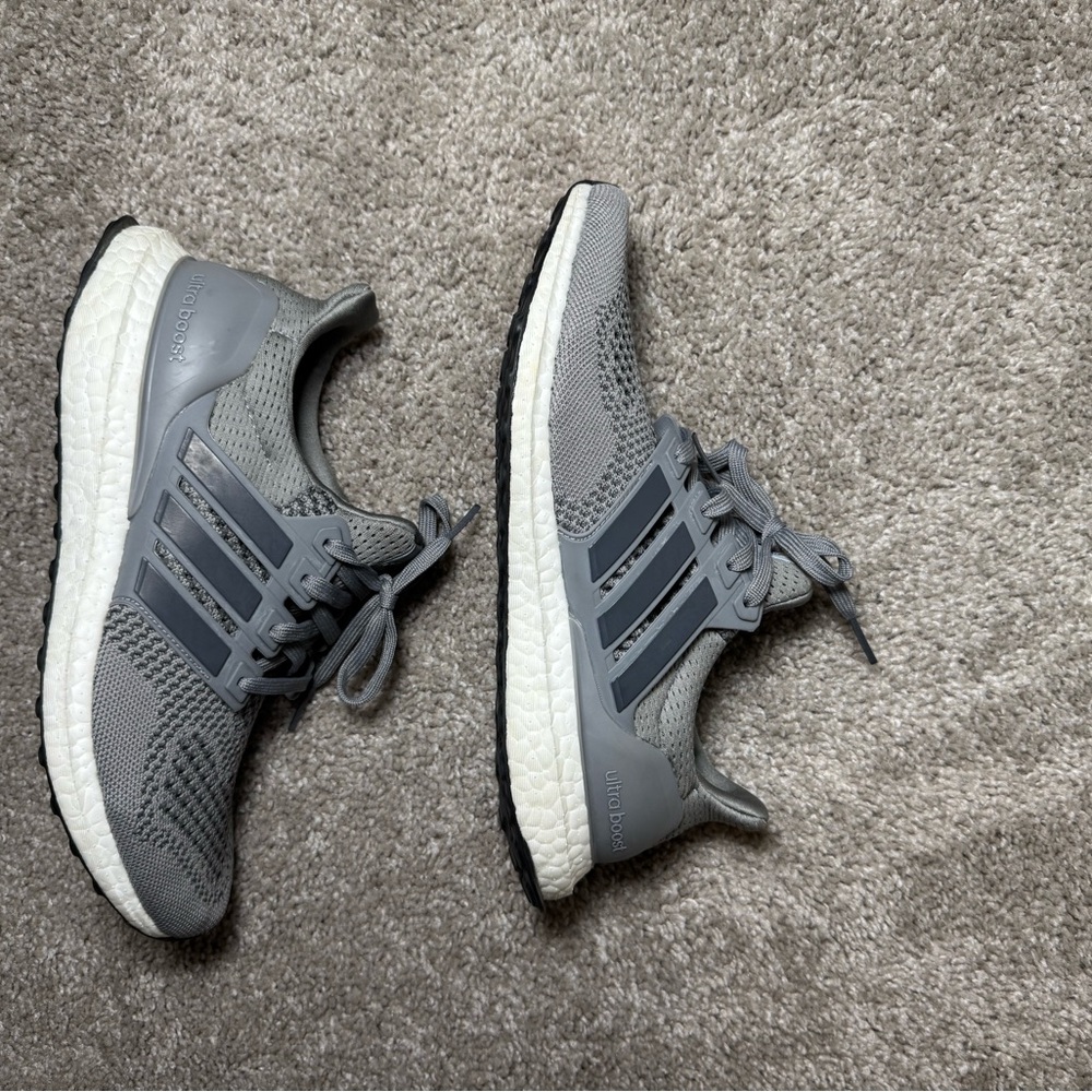 Adidas Gray Ultra Boost Running Shoes with White Sole